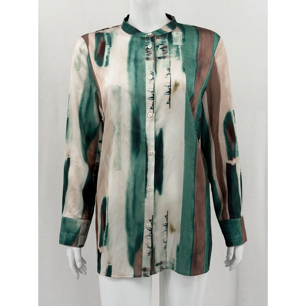 Ming Wang Top Womens Small Green Brown Abstract Button Up Satin Office Earthy
